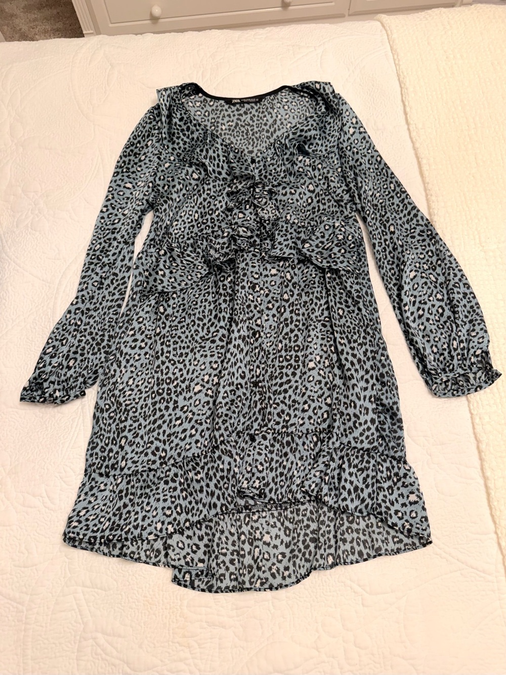 Zara Blue Leopard Print Ruffle Mini Dress
